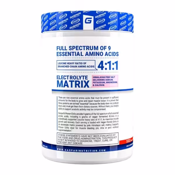 Gaspari Nutrition supplement label featuring 9 essential amino acids, 4:1:1 BCAA ratio, and electrolyte matrix