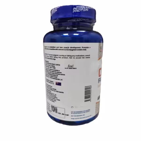 Back label of a blue supplement bottle detailing CLA benefits for fat metabolism, warnings, and manufacturing information