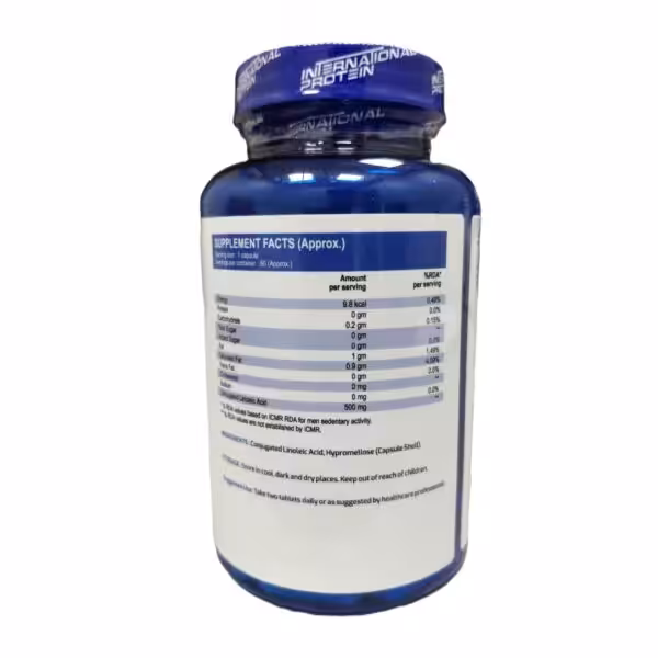 Supplement facts for International Protein CLA: 500mg Conjugated Linoleic Acid per capsule, 60 servings per container