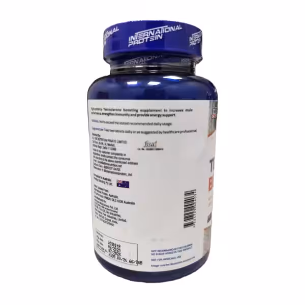 Back label of International Protein testosterone booster with suggested use, warnings, and manufacturing details