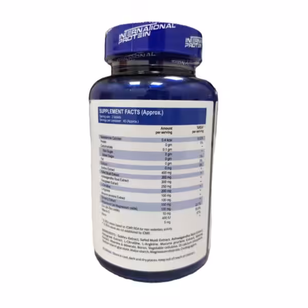 Supplement facts for International Protein: 2 tablets per serving, 45 servings, featuring Gokhru, Ashwagandha, and Zinc