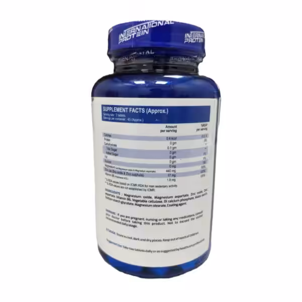 Supplement facts for International Protein: 440mg Magnesium, 17mg Zinc, and 1.9mg Vitamin B6 per 2-tablet serving