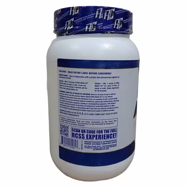 Back label of King Mass XL with directions for use, warnings, QR code, and manufacturing information