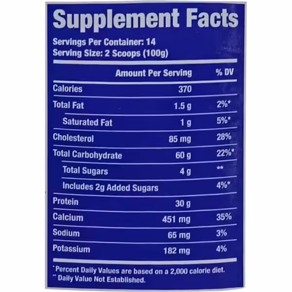 Supplement Facts label listing 370 calories, 30g protein, and 60g carbohydrates per 2-scoop serving