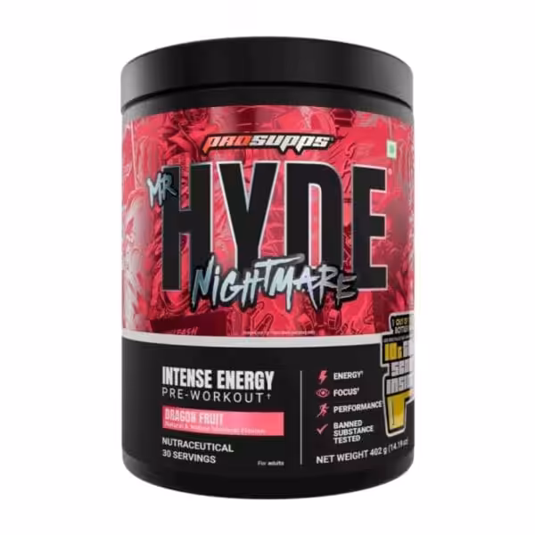 The image displays a red and black Pro Supps Mr Hyde Nightmare Intense Energy Pre Workout supplement container with Dragon Fruit flavor, offering thirty servings.