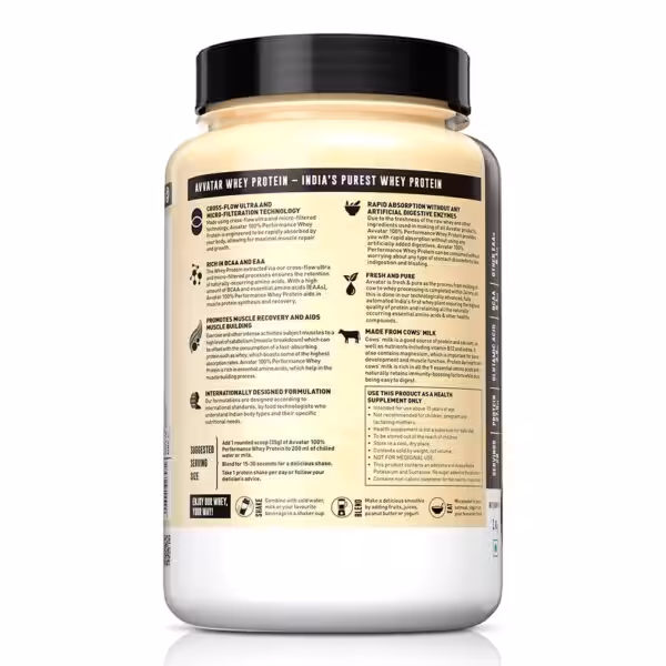 Back label of Avvatar Whey Protein detailing filtration technology, nutritional benefits, and serving instructions