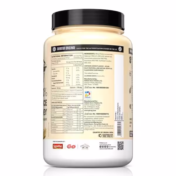 Back label of Avvatar Original whey protein showing nutritional facts, ingredients, and amino acid profile