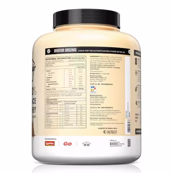 Nutritional information, amino acid profile, and ingredients for Avvatar Original whey protein
