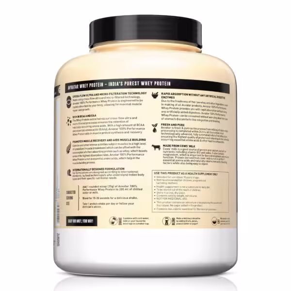 Back label of Avvatar Whey Protein detailing benefits like rapid absorption, BCAA content, and suggested serving size