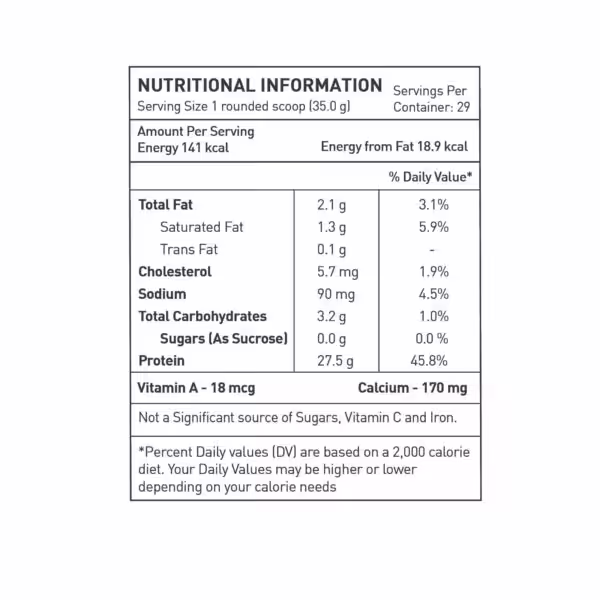 Nutritional information label: 141 calories, 27.5g protein, 2.1g fat, and 3.2g carbohydrates per 35g serving