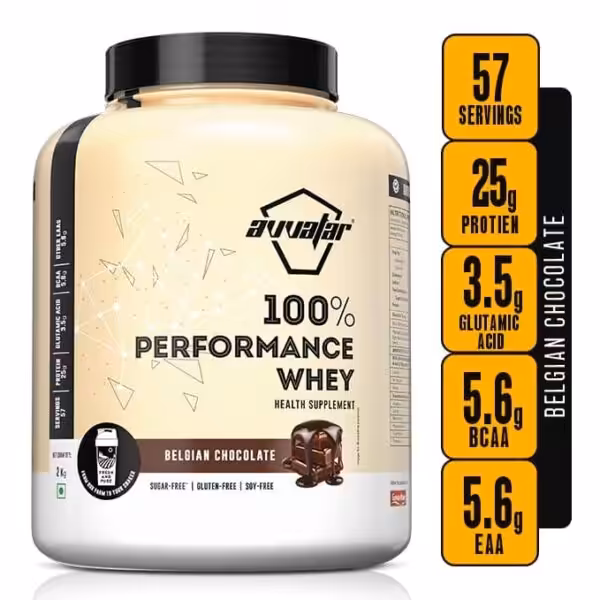 Avvatar 100% Performance Whey Belgian Chocolate, 2kg tub. 57 servings, 25g protein, 5.6g BCAA, and 5.6g EAA