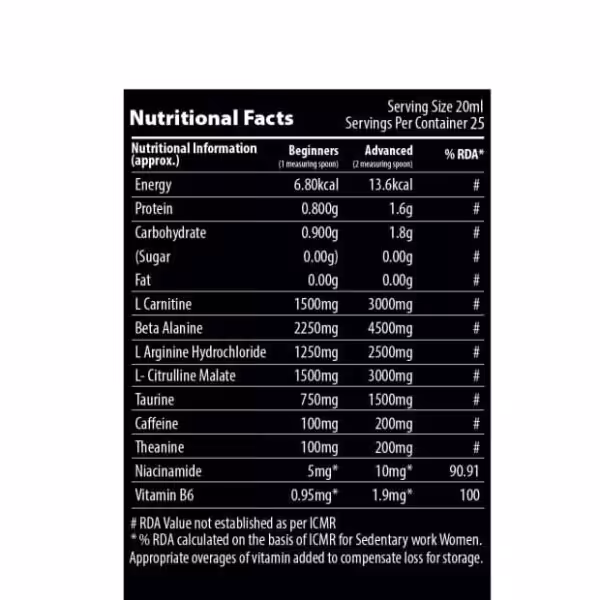 Nutritional facts table listing energy, protein, amino acids, caffeine, and vitamins for beginner and advanced servings