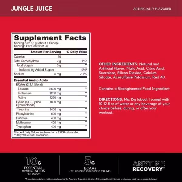Supplement Facts for Jungle Juice: 10 calories, 10g EAAs, and 5g BCAAs per 15g scoop. Includes ingredients and directions