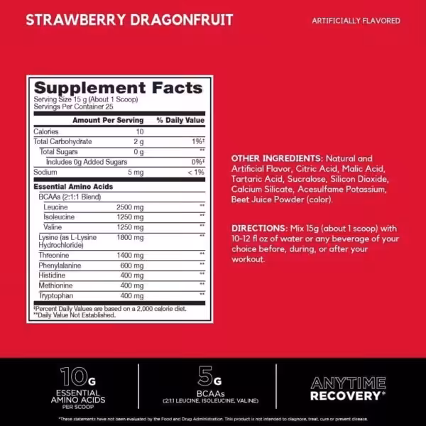 Strawberry Dragonfruit supplement label with nutrition facts, ingredients, and directions. Highlights 10g EAAs and 5g BCAAs