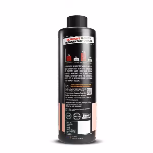 Carnipump Explosive Fat Loss Preworkout Formula bottle listing key ingredients, dosages, and quality certifications