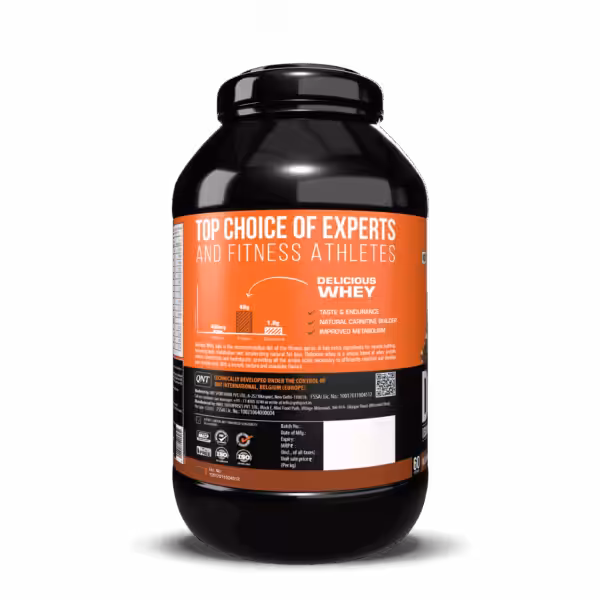 QNT Delicious Whey protein tub highlighting 48g protein, 400mg betaine, and 1.8g glutamine per serving
