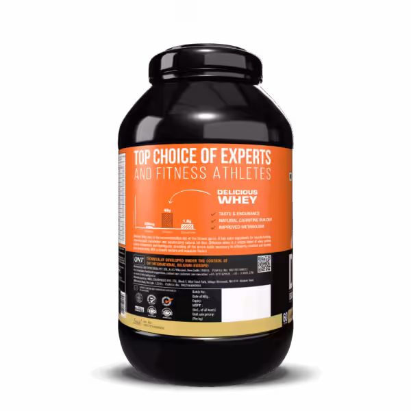 QNT Delicious Whey protein tub highlighting 48g protein, 1.8g glutamine, and 400mg betaine per serving