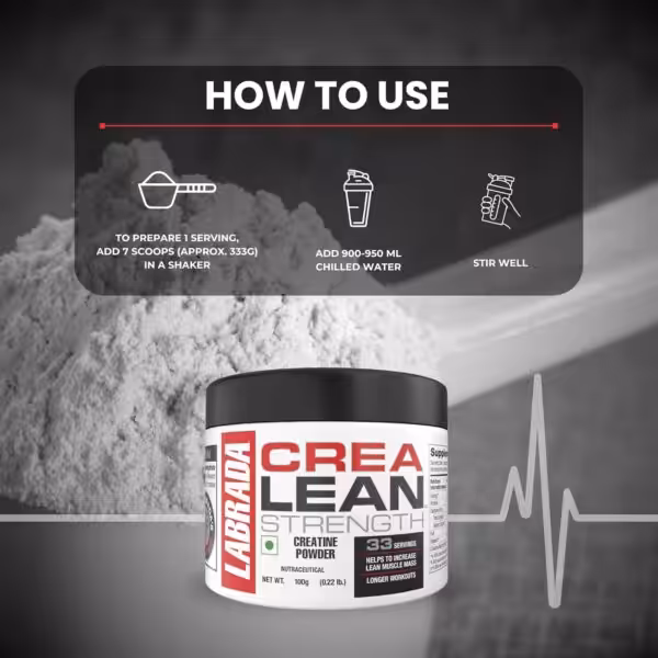 How to use Labrada Crealean Strength: Add 7 scoops (333g) to a shaker, add 900-950 ml chilled water, and stir well