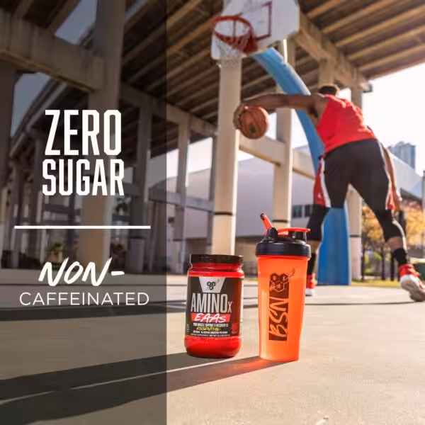 Zero Sugar, Non-Caffeinated BSN AminoX EAAs supplement and shaker bottle on a basketball court
