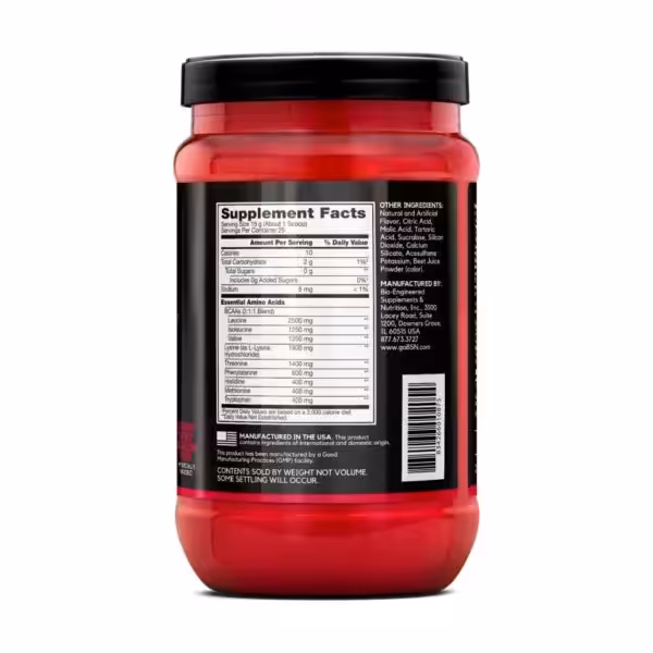 Supplement Facts: 10 calories, 2g carbs, and 10g total amino acids including 5g BCAAs per 15g serving