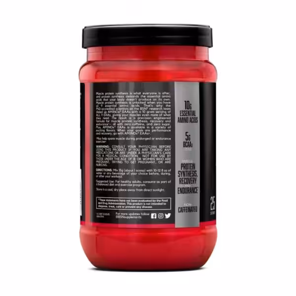 Supplement label detailing 10g EAAs, 5g BCAAs, non-caffeinated formula, 25 servings, and usage instructions