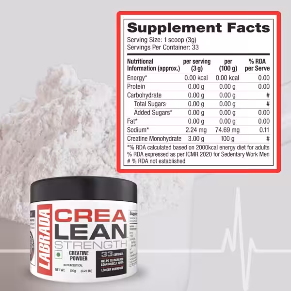 Labrada CreaLean Strength Creatine Powder Supplement Facts: 3g Creatine Monohydrate per 3g serving