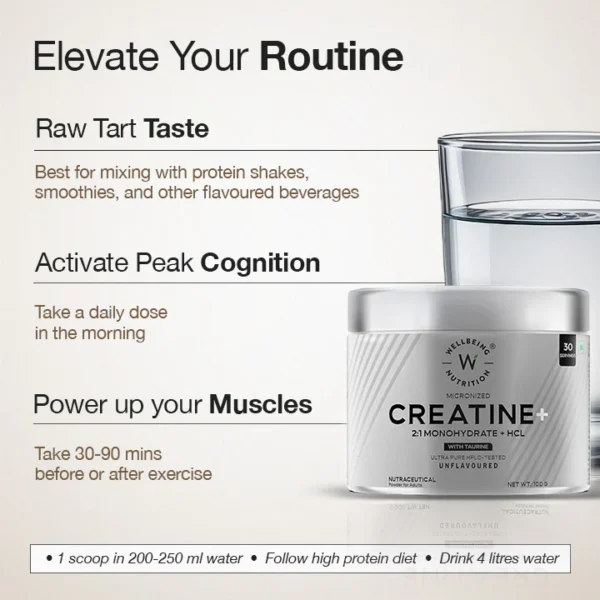 Wellbeing Nutrition Creatine Monohydrate + HCL | 100g | 300mg Taurine | Unflavoured