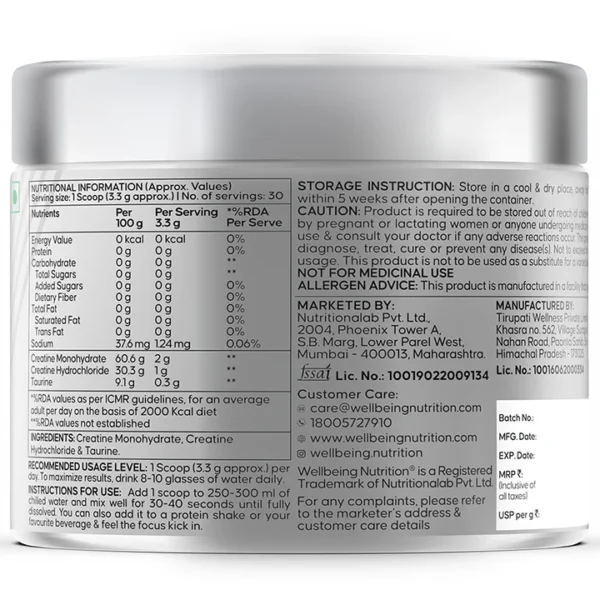 Wellbeing Nutrition Creatine Monohydrate + HCL | 100g | 300mg Taurine | Unflavoured