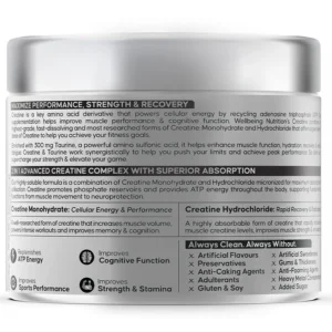 Wellbeing Nutrition Creatine Monohydrate + HCL | 100g | 300mg Taurine | Unflavoured