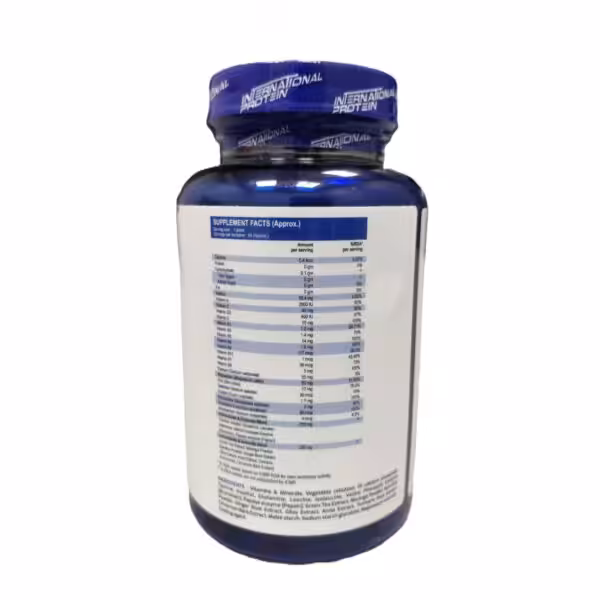 Supplement facts label for International Protein multivitamin listing vitamins, minerals, and proprietary blends