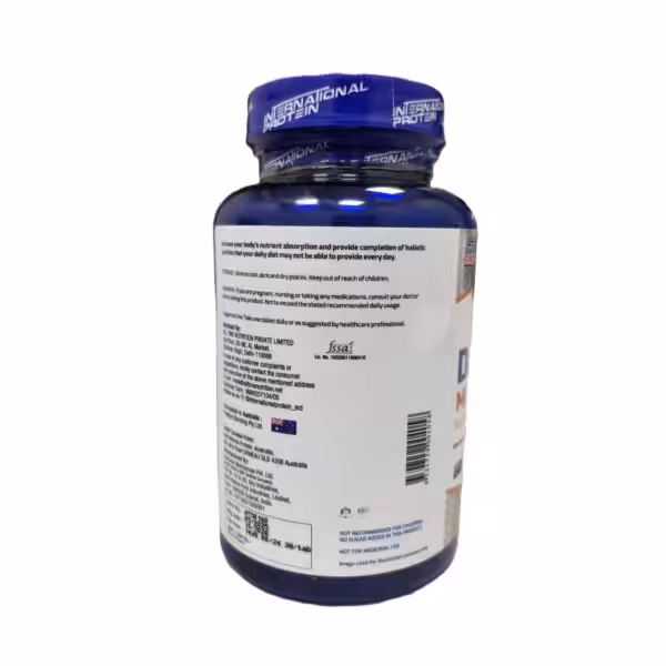 Side label of International Protein supplement bottle with storage, warnings, suggested use, and manufacturer details