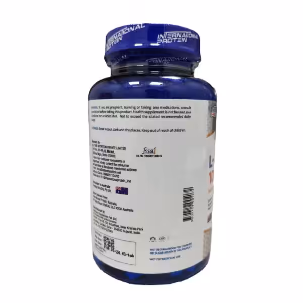 Back label of International Protein supplement showing warnings, storage instructions, and manufacturer information