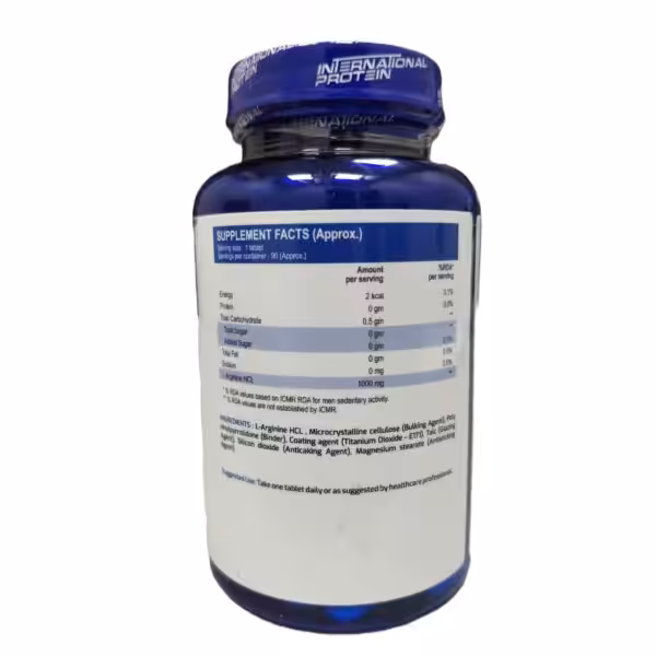 Supplement facts for International Protein L-Arginine HCL: 1000 mg per 1 tablet serving, 90 servings per container