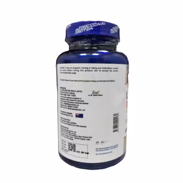 Back label of an International Protein supplement bottle with warnings, storage instructions, and manufacturer details