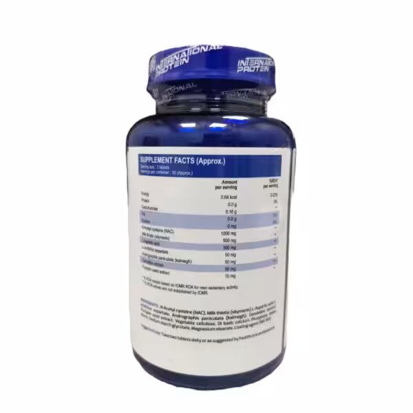 Supplement facts for International Protein: 1000mg NAC, 500mg Milk thistle, and 300mg L-Aspartic acid per 2-tablet serving