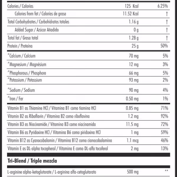 Supplement Facts label showing 125 calories, 25g protein, and various vitamins and minerals per 34g serving
