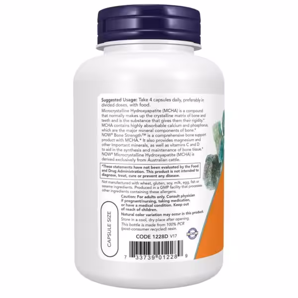 NOW Bone Strength label: Take 4 capsules daily with food. Contains MCHA, calcium, phosphorus, magnesium, vitamins C and D