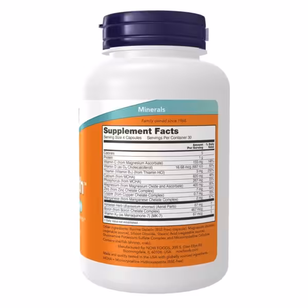 Supplement Facts for NOW Foods Minerals: 4 capsules per serving, 30 servings. Includes vitamins, minerals, and shellfish