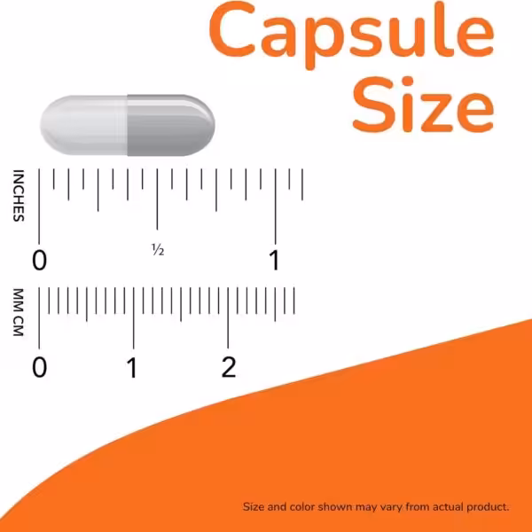 Capsule size diagram showing a length of approximately 7/8 inch or 22 millimeters