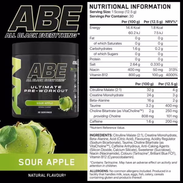ABE Pre-Workout Sour Apple nutritional label. Per serving: 200mg caffeine, 4g Citrulline, 3g Creatine, 2g Beta-Alanine