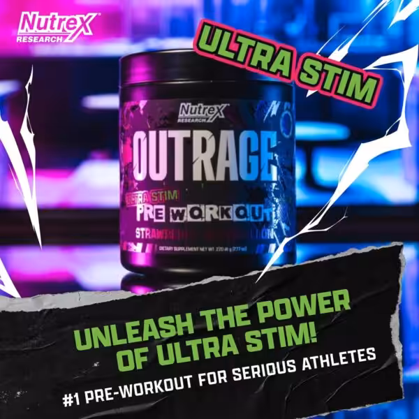 Nutrex Research Outrage Ultra Stim Pre-Workout, Strawberry Watermelon. Unleash the power of Ultra Stim!