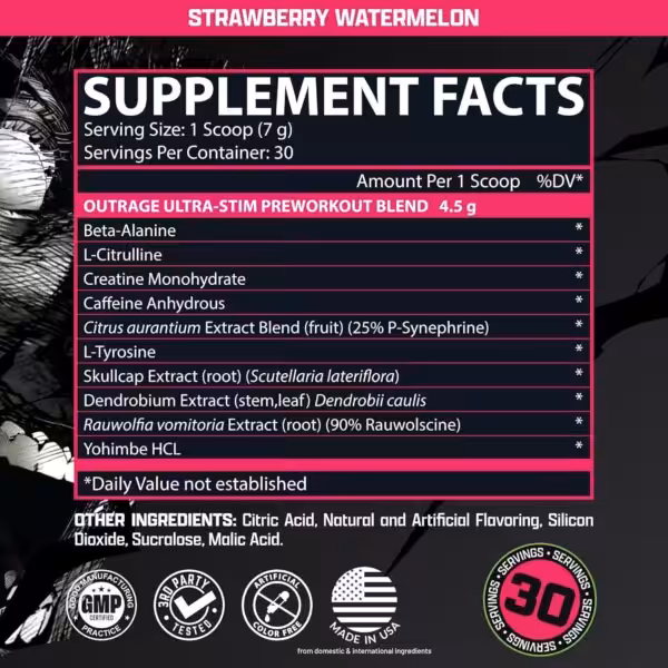 Supplement facts for Strawberry Watermelon Outrage Ultra-Stim Preworkout Blend. 30 servings per container. 4.5g blend includes Beta-Alanine, Caffeine, and Creatine