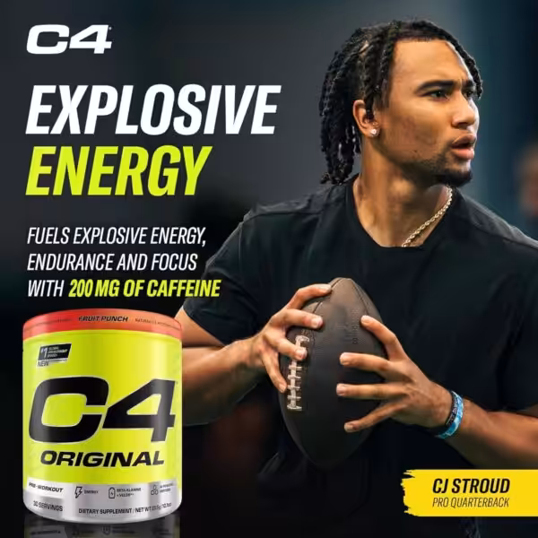 C4 Explosive Energy: Fuels energy, endurance, and focus with 200mg of caffeine. Features pro quarterback CJ Stroud