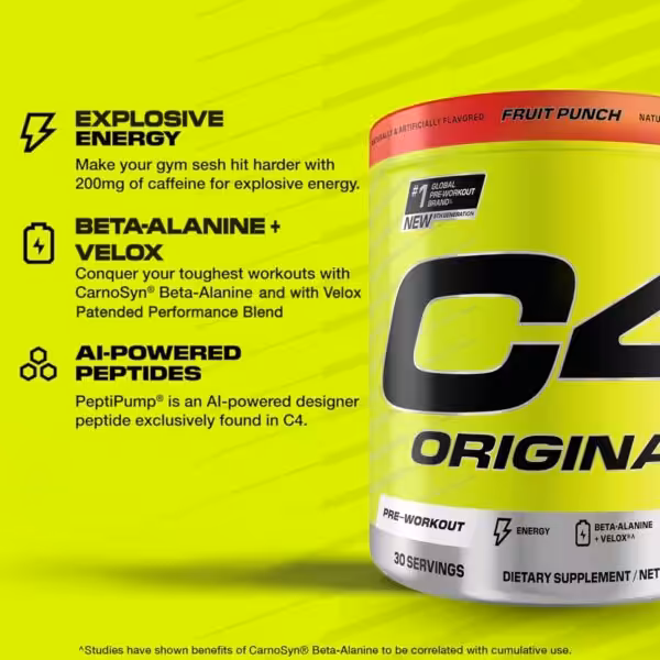 C4 Original pre-workout: 200mg caffeine for energy, Beta-Alanine and Velox blend, and AI-powered PeptiPump peptides
