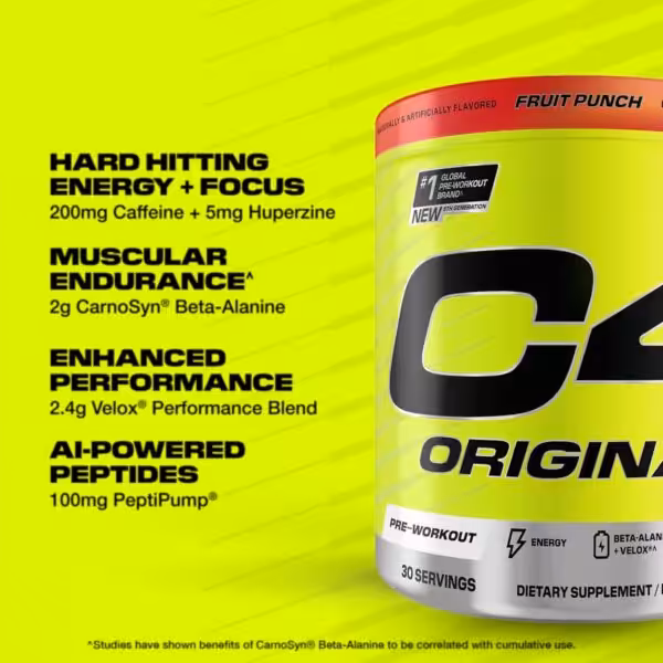 C4 Original Pre-Workout Fruit Punch: 200mg Caffeine, 2g Beta-Alanine, 2.4g Velox Blend, and 100mg PeptiPump