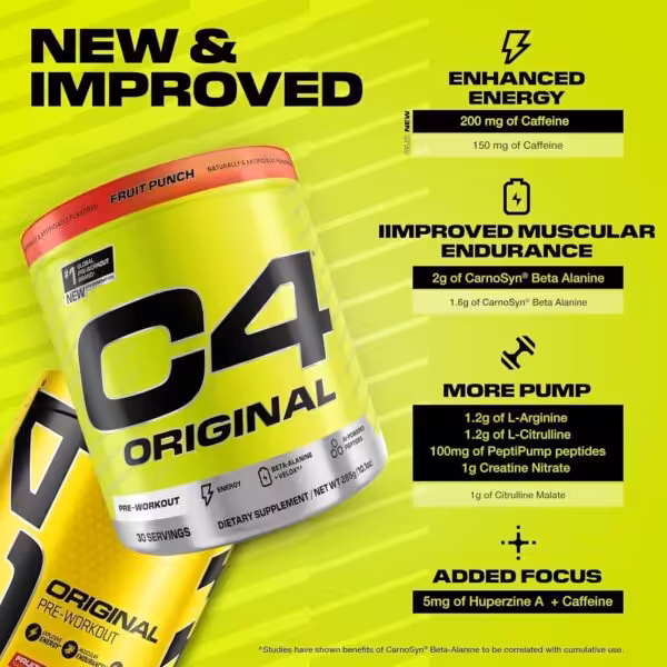New & Improved C4 Original: 200mg caffeine, 2g Beta Alanine, enhanced pump ingredients, and added Huperzine A for focus