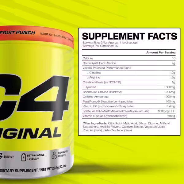 Supplement facts for C4 Original: 30 servings, 10 calories, 2g Beta-Alanine, 2.4g Velox Blend, 1g Creatine, and 200mg Caffeine