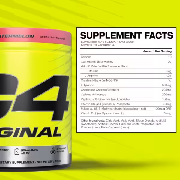 Supplement Facts for C4 Original Watermelon: 30 servings. Per scoop: 10 calories, 2g Beta-Alanine, 200mg caffeine, and 1g Creatine Nitrate