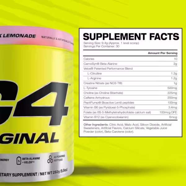 Supplement facts for C4 Original Pink Lemonade including 10 calories, 2g Beta-Alanine, and 200mg caffeine per serving