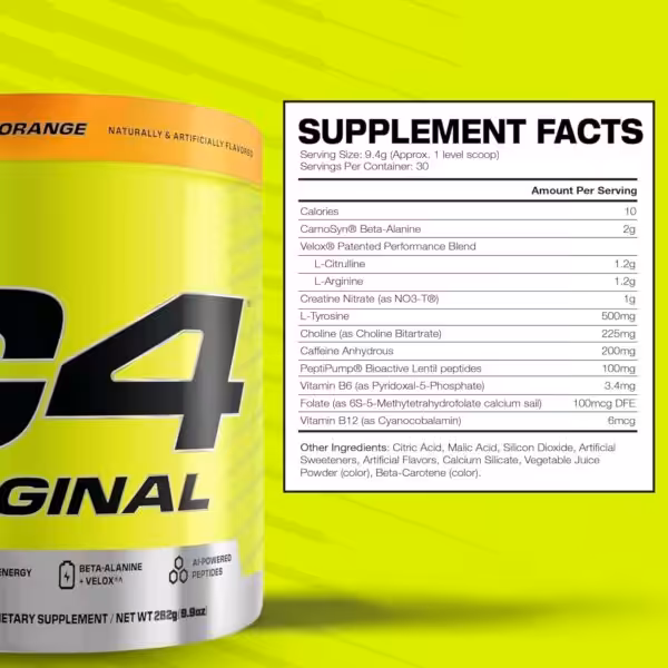 Supplement Facts for C4 Original: 30 servings, 200mg caffeine, 2g Beta-Alanine, 1.2g L-Citrulline, and 1g Creatine Nitrate